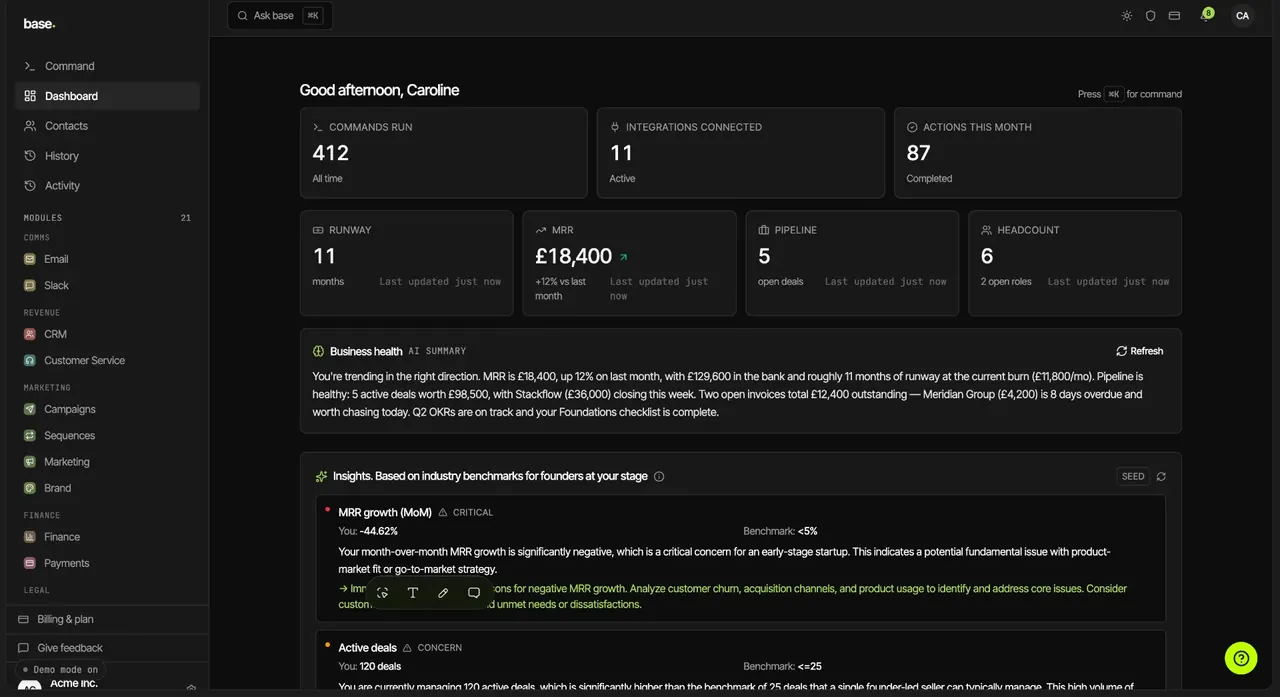 Base dashboard showing unified business operations